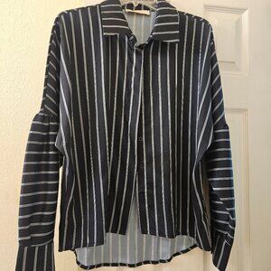 Cirque Black Pinstripe silky Button dress Office shirt Fall Career Bat Sleeve M